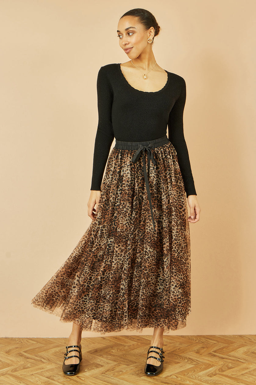 Yumi Brown Leopard Mesh Tulle Skirt