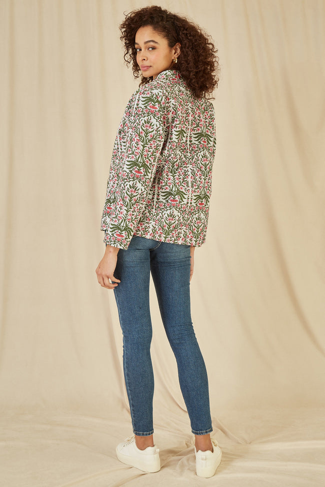 Yumi Pink Floral Print Reversible Cotton Quilted Jacket