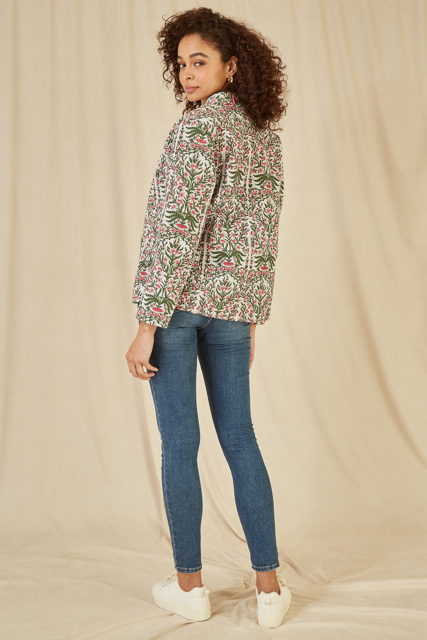 Yumi Pink Floral Print Reversible Cotton Quilted Jacket