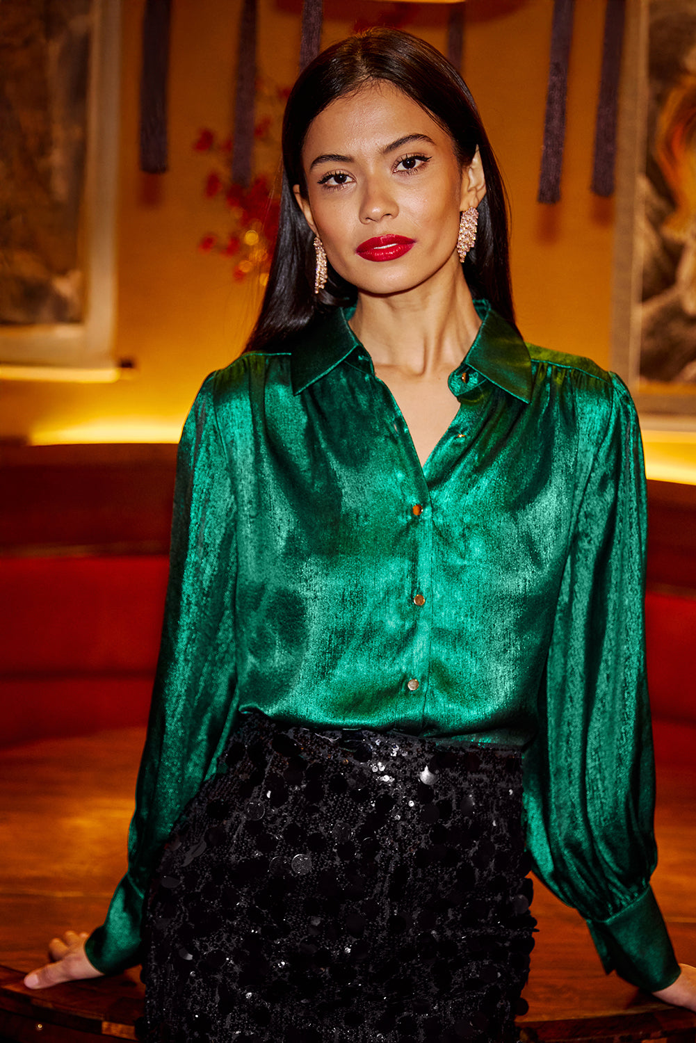 Yumi Green Metallic Relaxed Balloon Sleeve Shirt