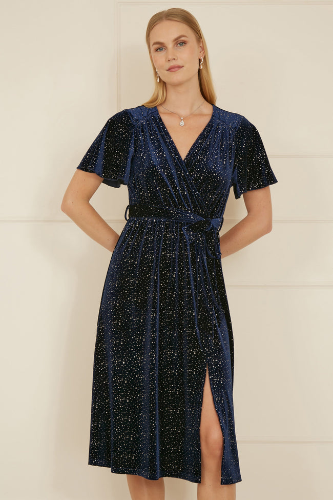 Yumi Navy Velvet Sparkle Wrap Midi Dress