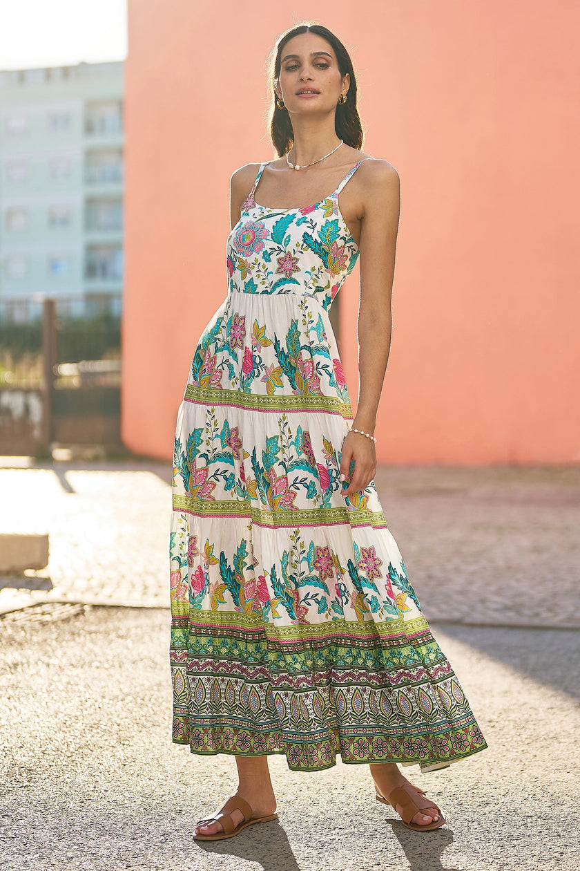 Yumi White Floral Block Print Tiered Maxi Sun Dress