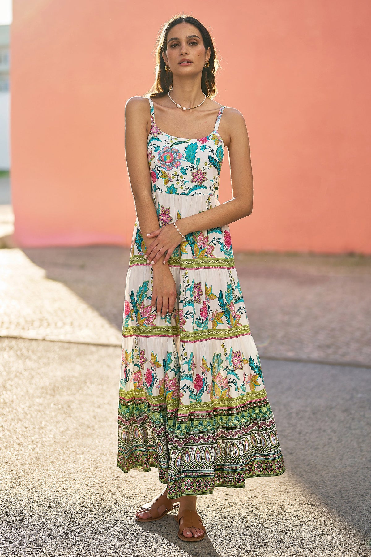 Yumi White Floral Block Print Tiered Maxi Sun Dress