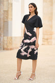 Yumi Black Recycled Fabric Crane Print Kimono Midi Dress