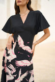 Yumi Black Recycled Fabric Crane Print Kimono Midi Dress