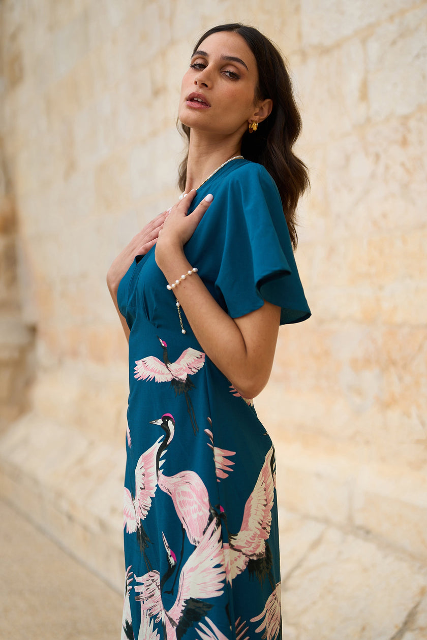 Yumi Teal Recycled Fabric Crane Print Kimono Midi Dress