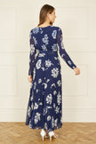 Yumi Navy Floral Pleated Midi Wrap Long Sleeve Dress