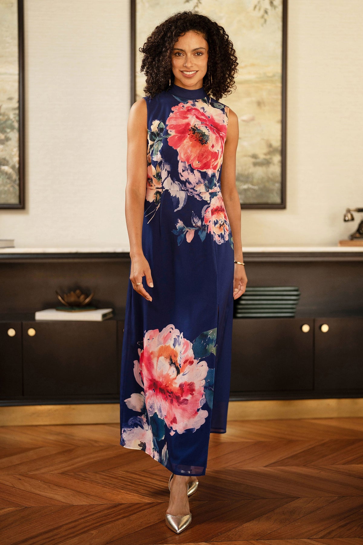 Yumi Navy Flower Halter Neck Maxi Dress