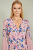 Yumi Pink Floral Placement Button Down Midi Dress With Long Sleeves