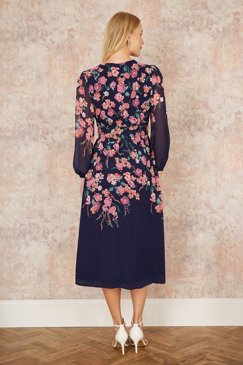 Yumi Navy Button Up  Midi Dress With Floral Placement And Long Sleeves