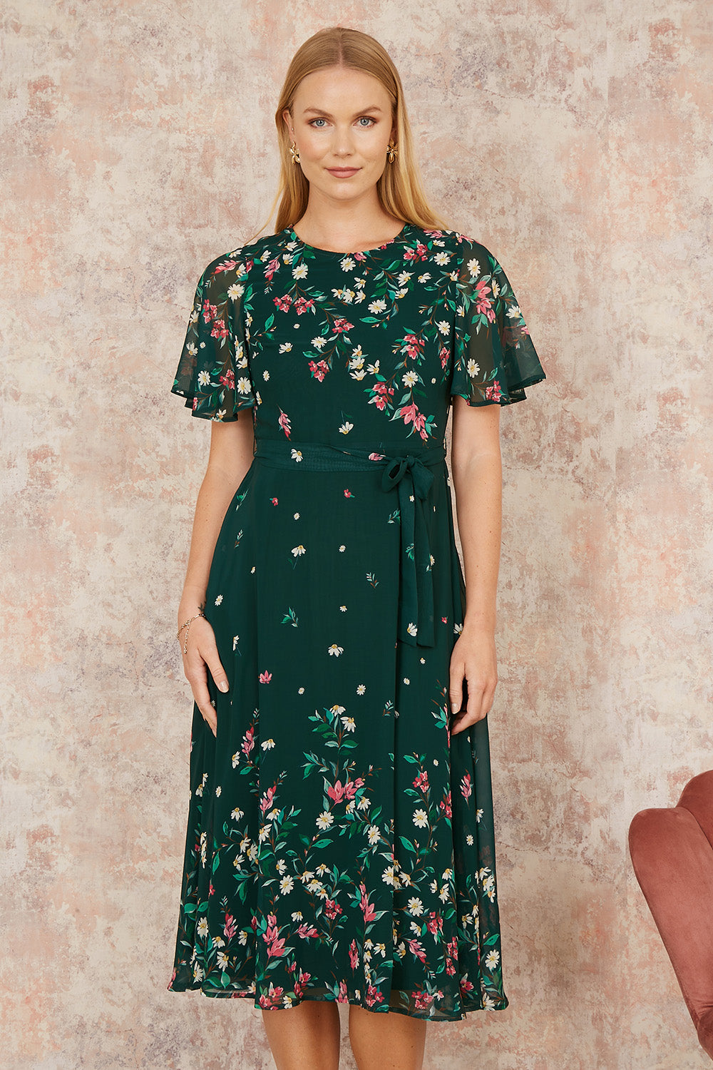 Yumi Green Daisy Mirror Placement Skater Dress With Angel Sleeves