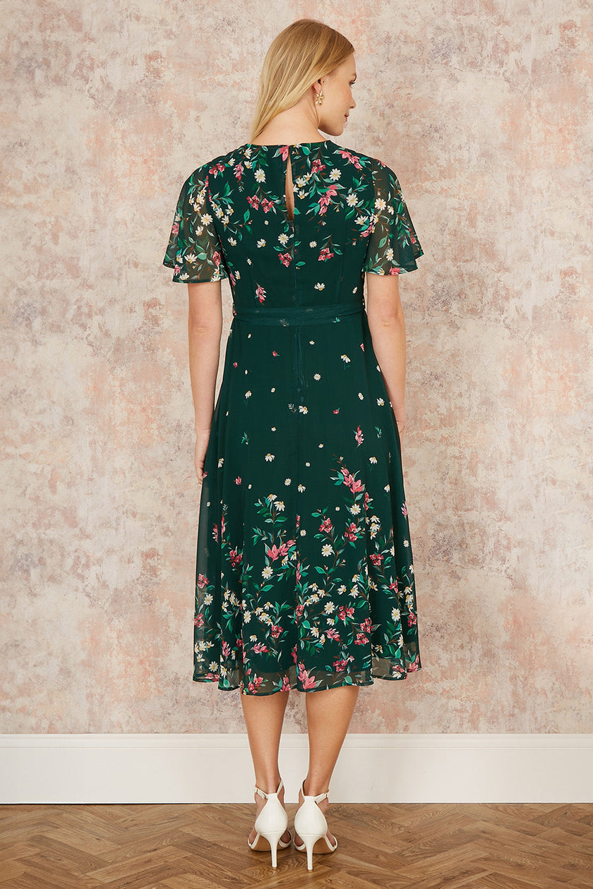Yumi Green Daisy Mirror Placement Skater Dress With Angel Sleeves