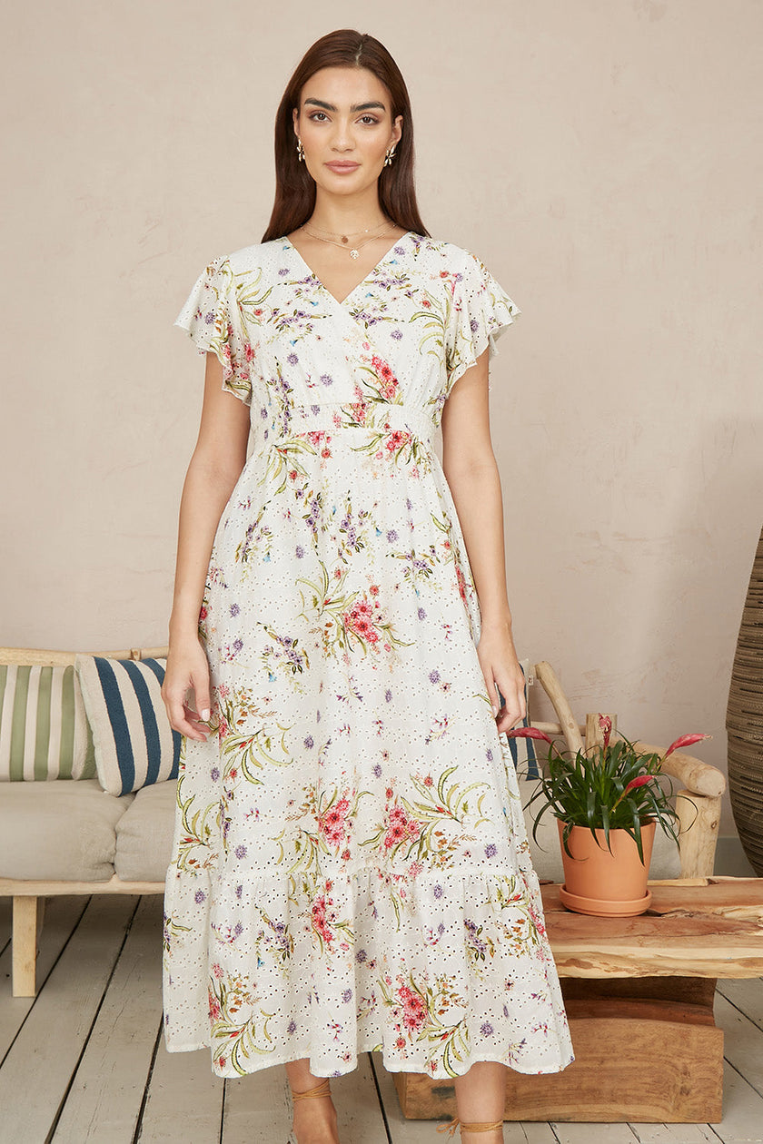 Yumi White Floral Broderie Anglaise Wrap Midi Dress