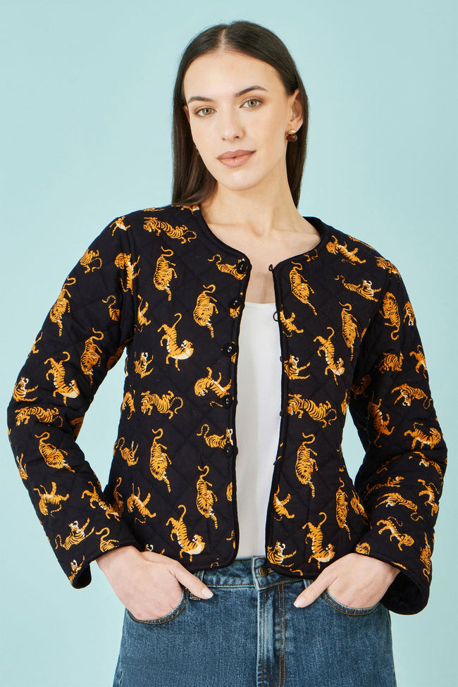 Yumi Black Velvet Quilted Jacket With Reversible Leopard Lining