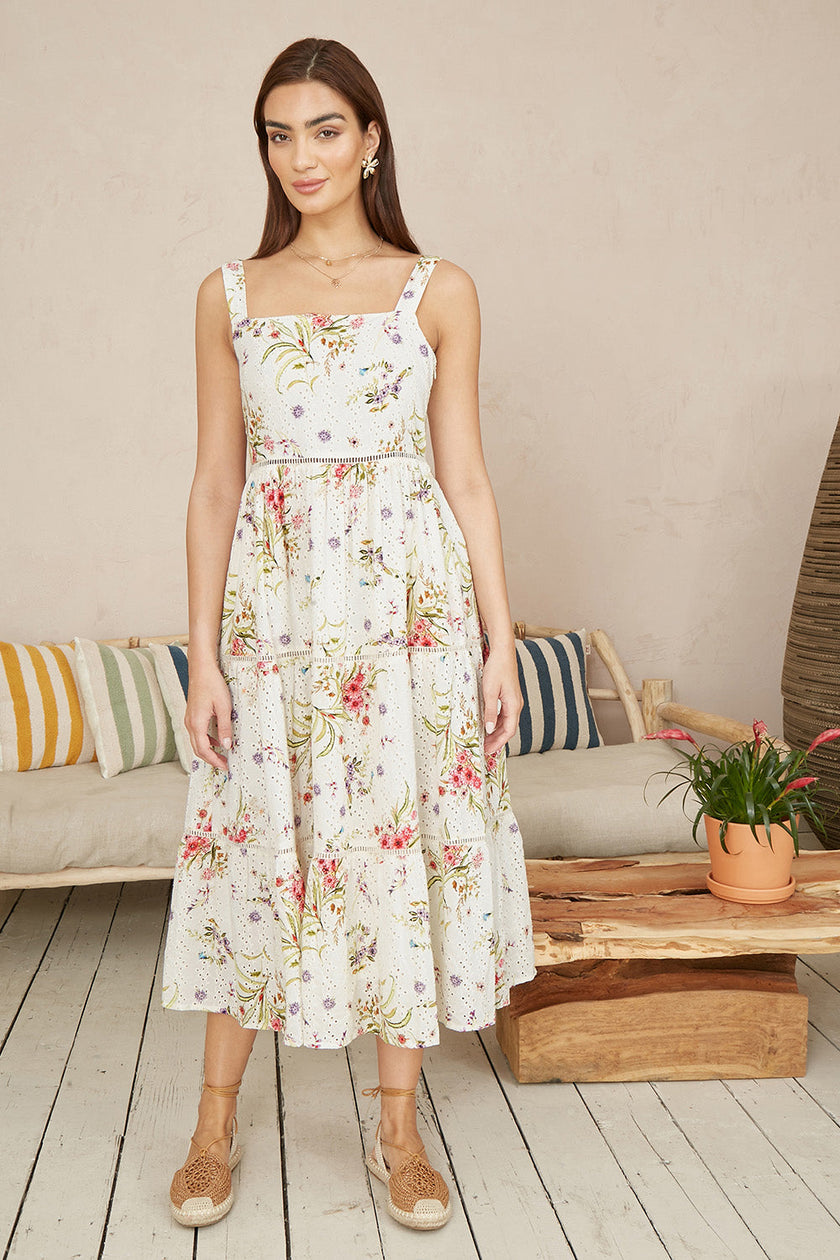 Yumi White Floral Broderie Anglaise Midi Sun Dress