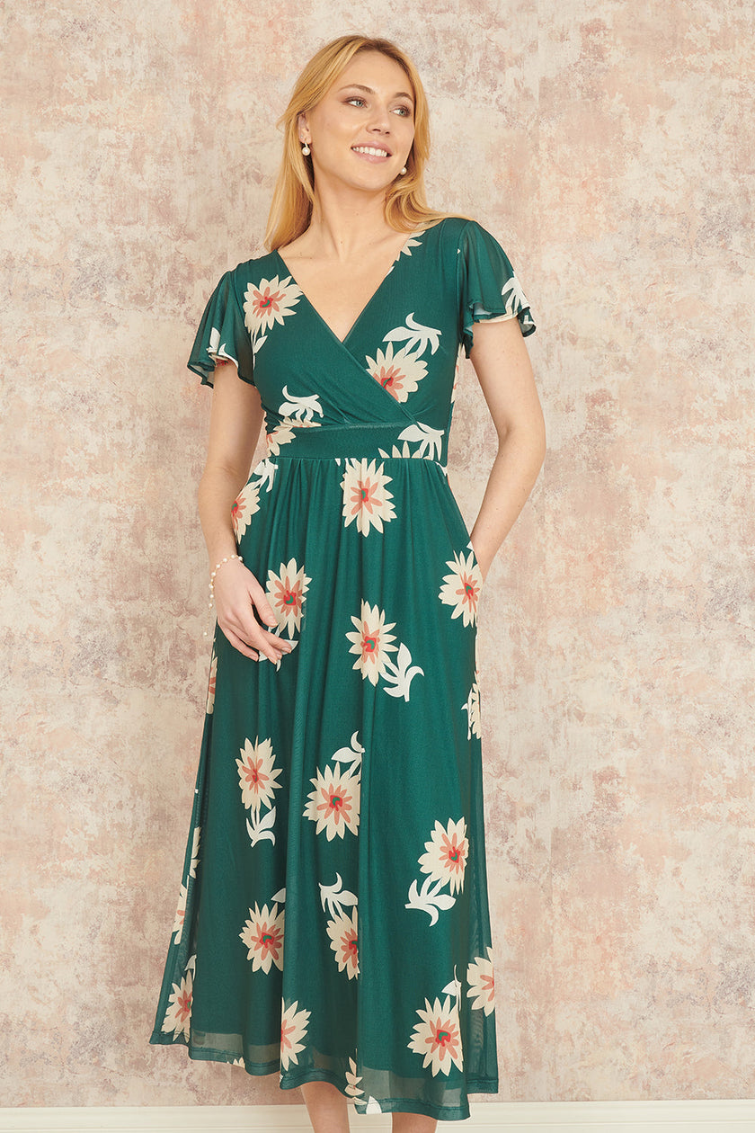 Yumi Green Mesh Flower Wrap Midi Dress With Pockets