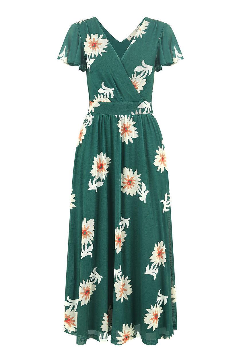 Yumi Green Mesh Flower Wrap Midi Dress With Pockets