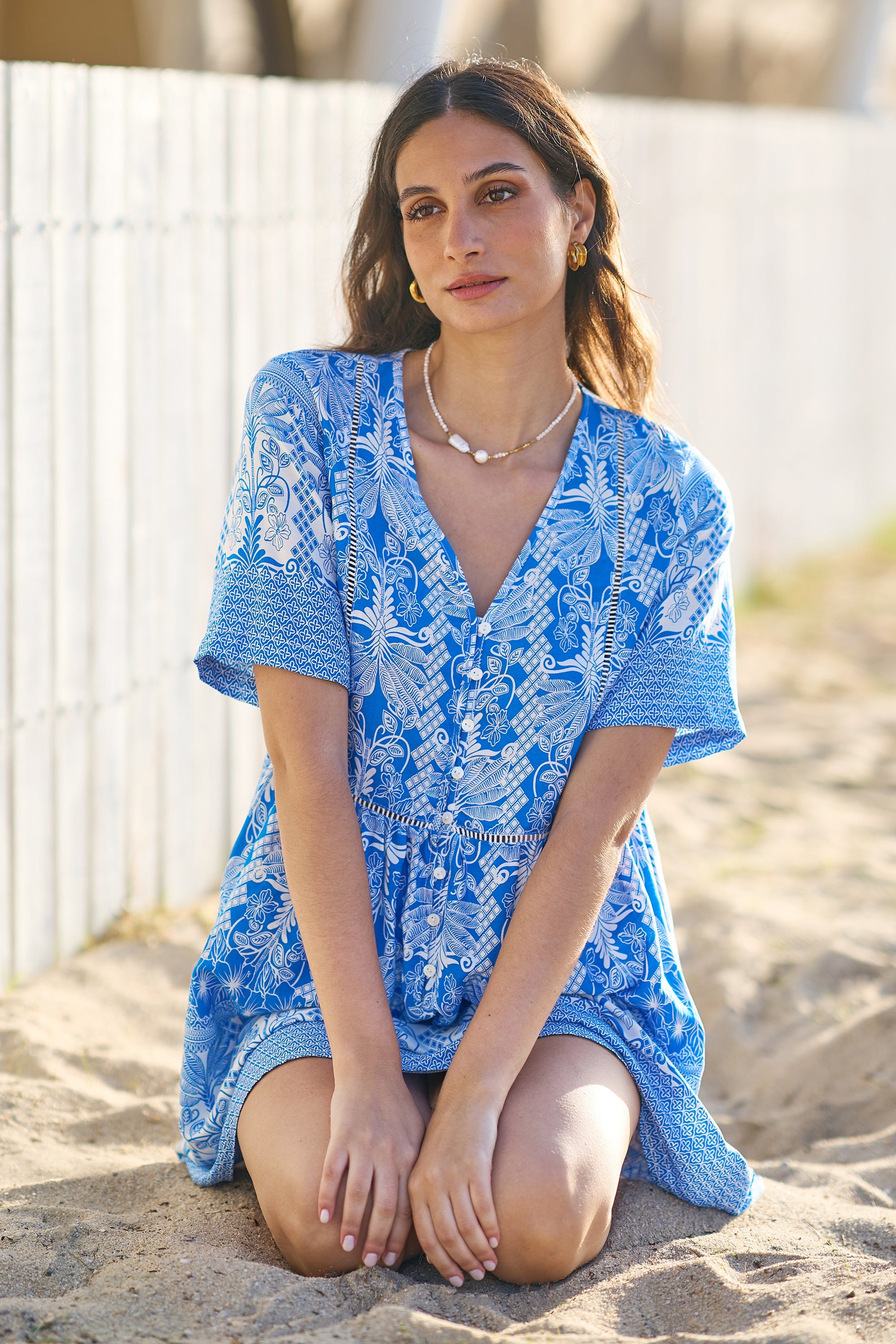 Yumi Blue Viscose Palm Relaxed Tunic