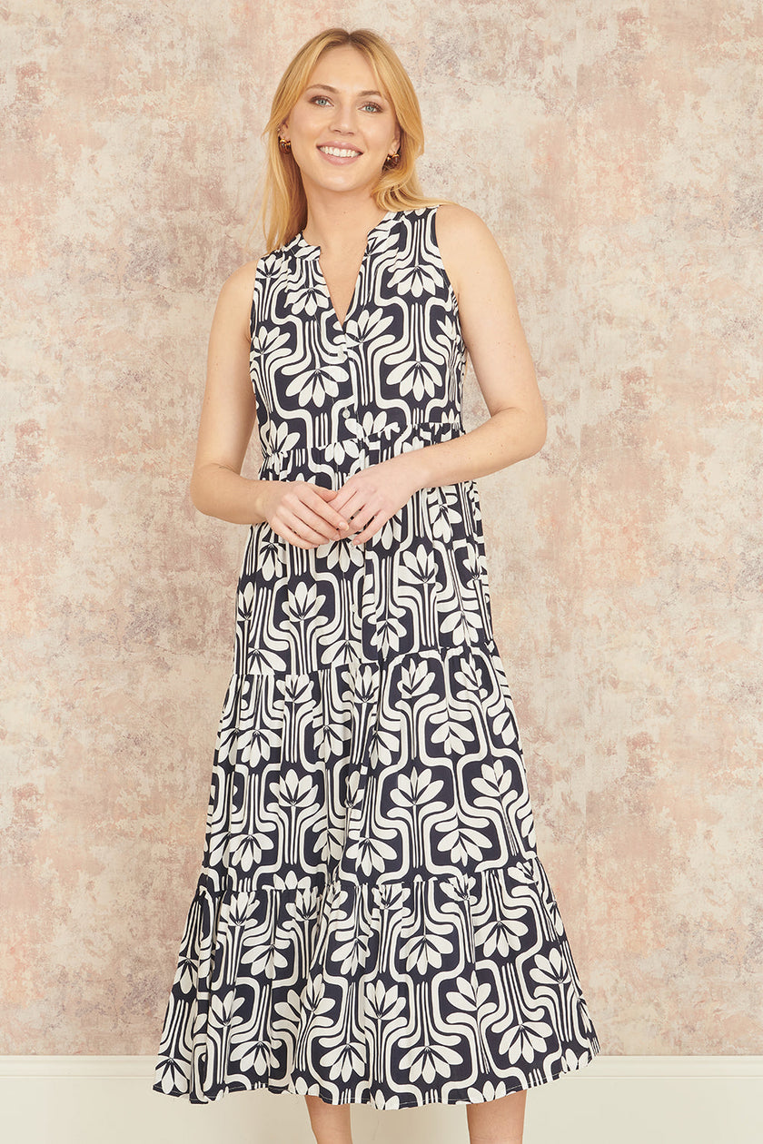 Yumi Navy Retro Print Relaxed Midi Dress