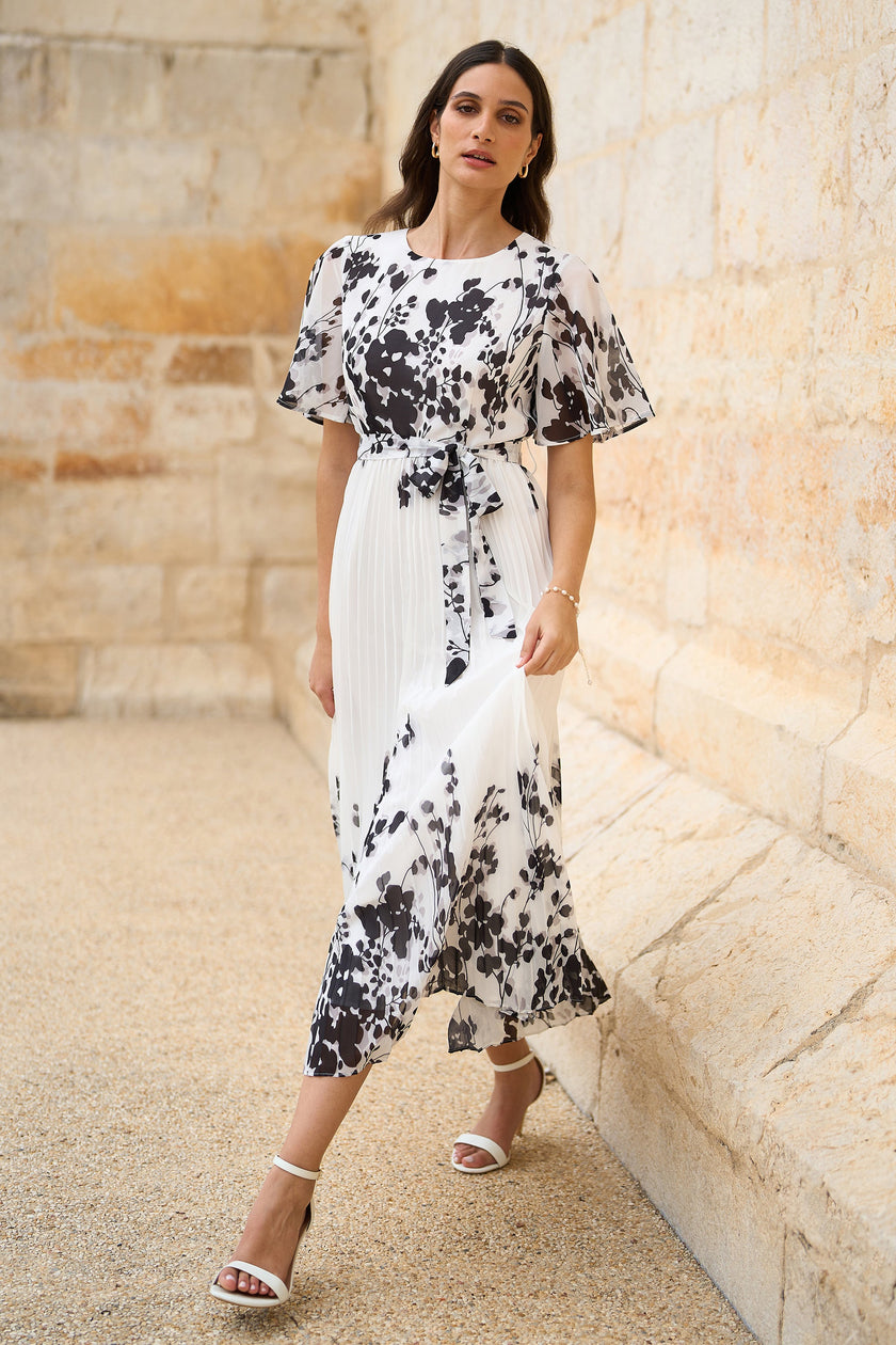 Yumi White Mirror Floral Design Pleated Midi Dress