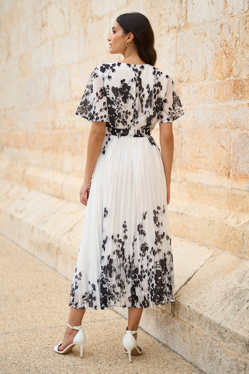 Yumi White Mirror Floral Design Pleated Midi Dress