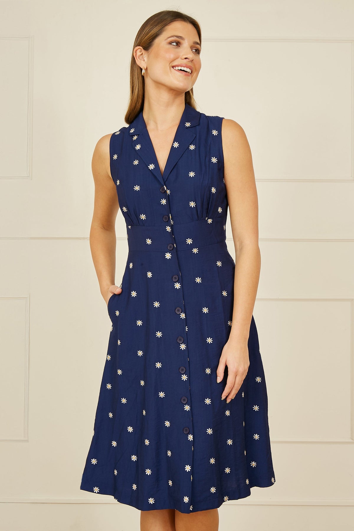 Yumi Navy Daisy Print Embroidered Sleeveless Shirt Dress