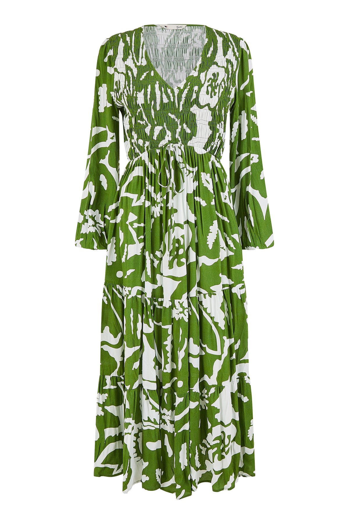 Yumi Green Abstract Print Ruched Midi Dress With Long Sleeves