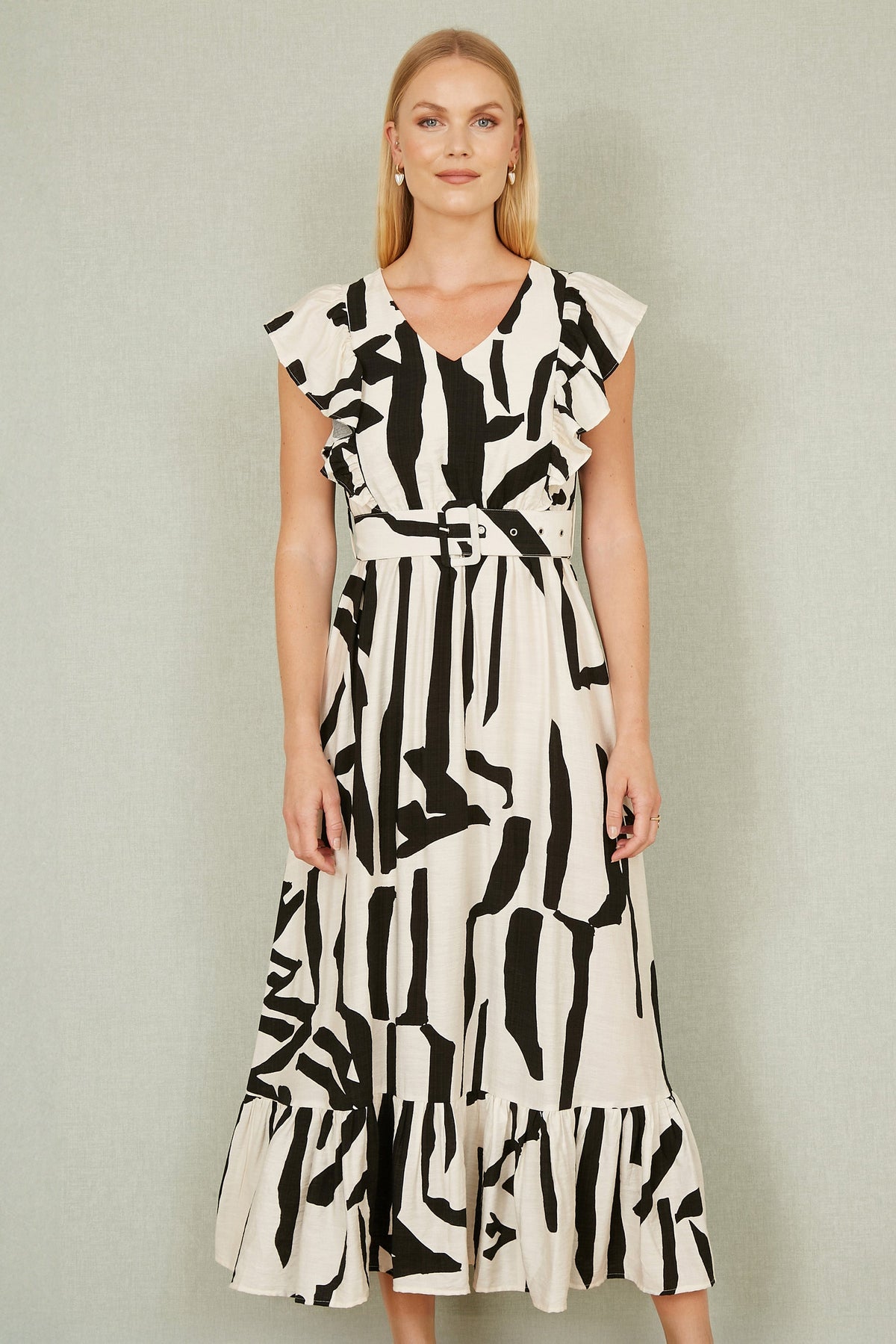 Yumi Ivory Abstract Print Viscose Midi Dress With Matching Belt