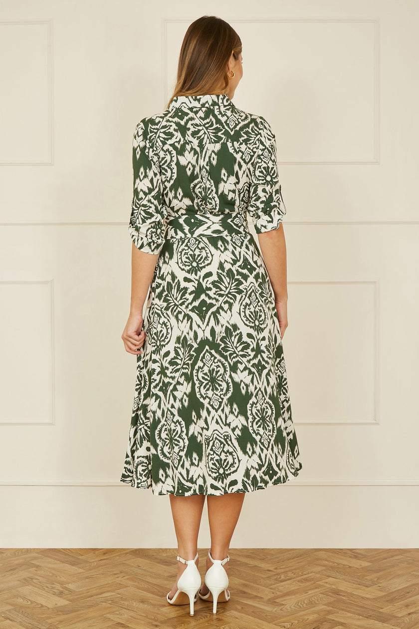 Yumi Green Ikat Geo Print Midi Shirt Dress
