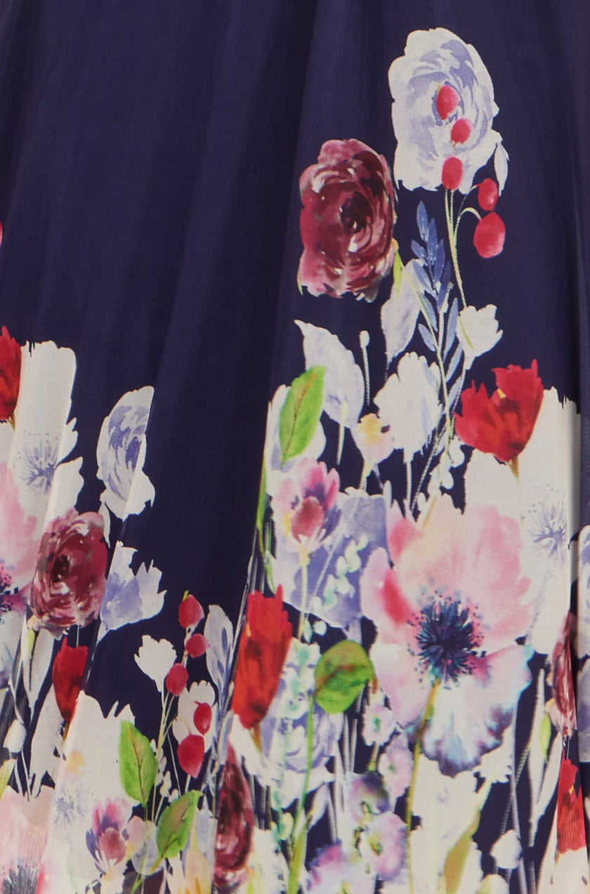 Yumi Navy Mesh Wrap Midi Dress With Floral Hem Border