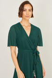 Yumi Green Mesh Wrap Midi Dress With Floral Hem Border