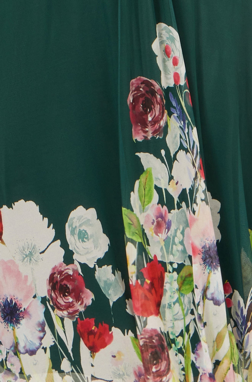 Yumi Green Mesh Wrap Midi Dress With Floral Hem Border