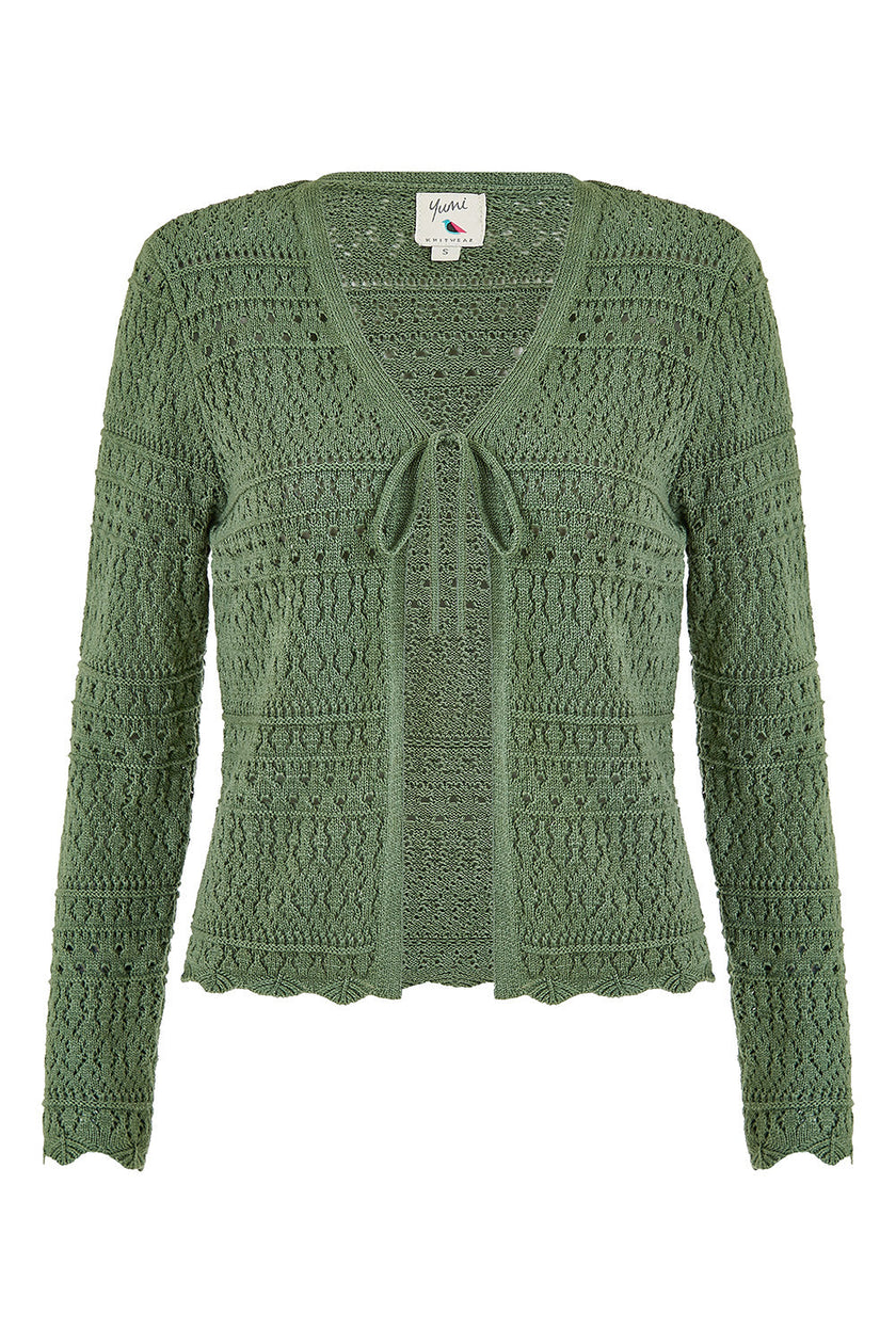 Yumi Green Crochet Tie Front Cardigan