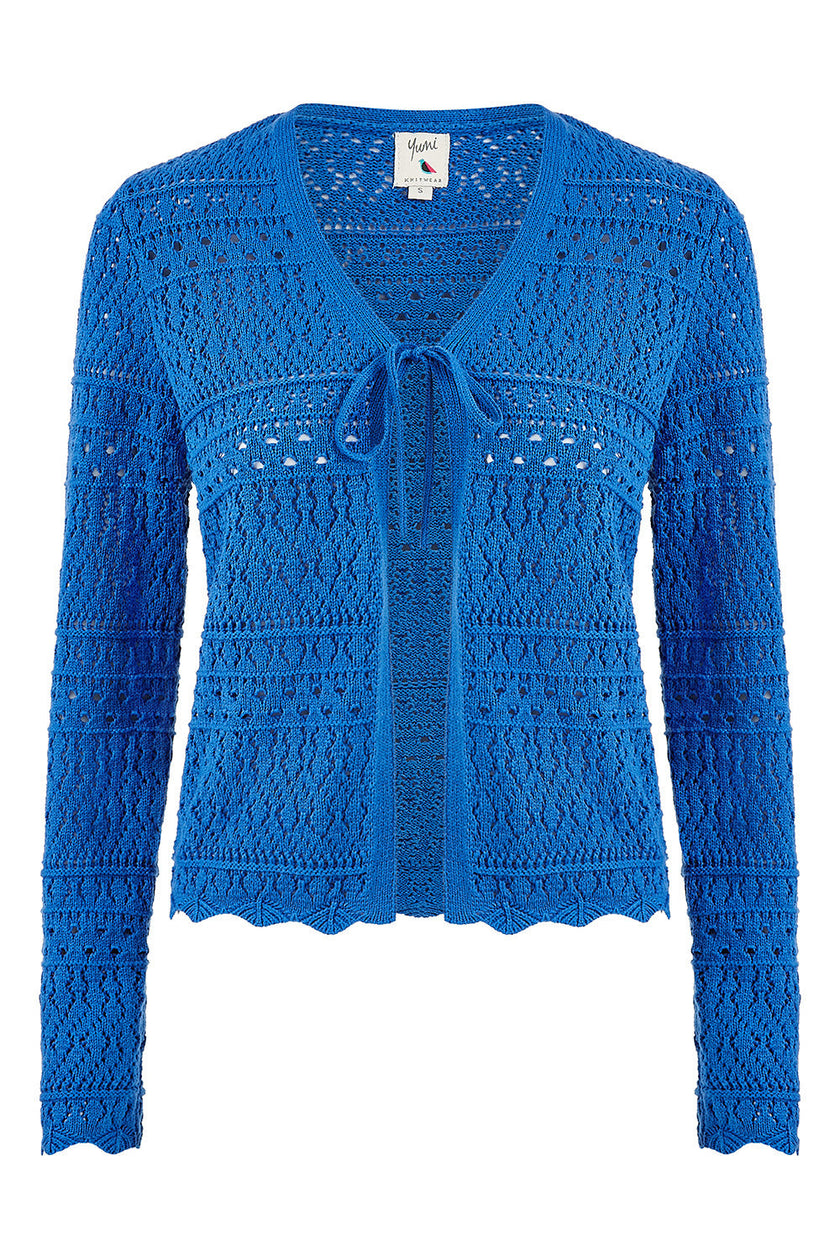 Yumi Blue Crochet Tie Front Cardigan