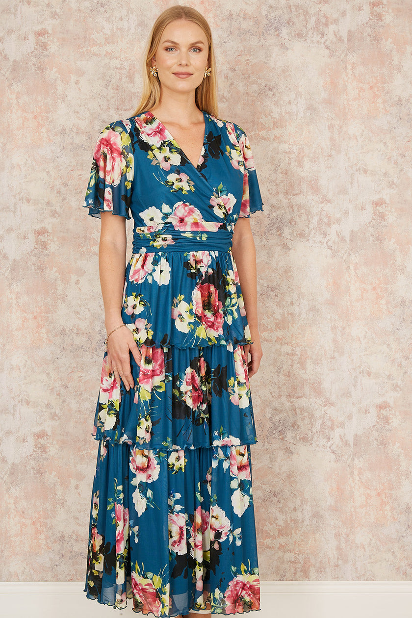 Yumi Green Floral Mesh Tiered Maxi Dress