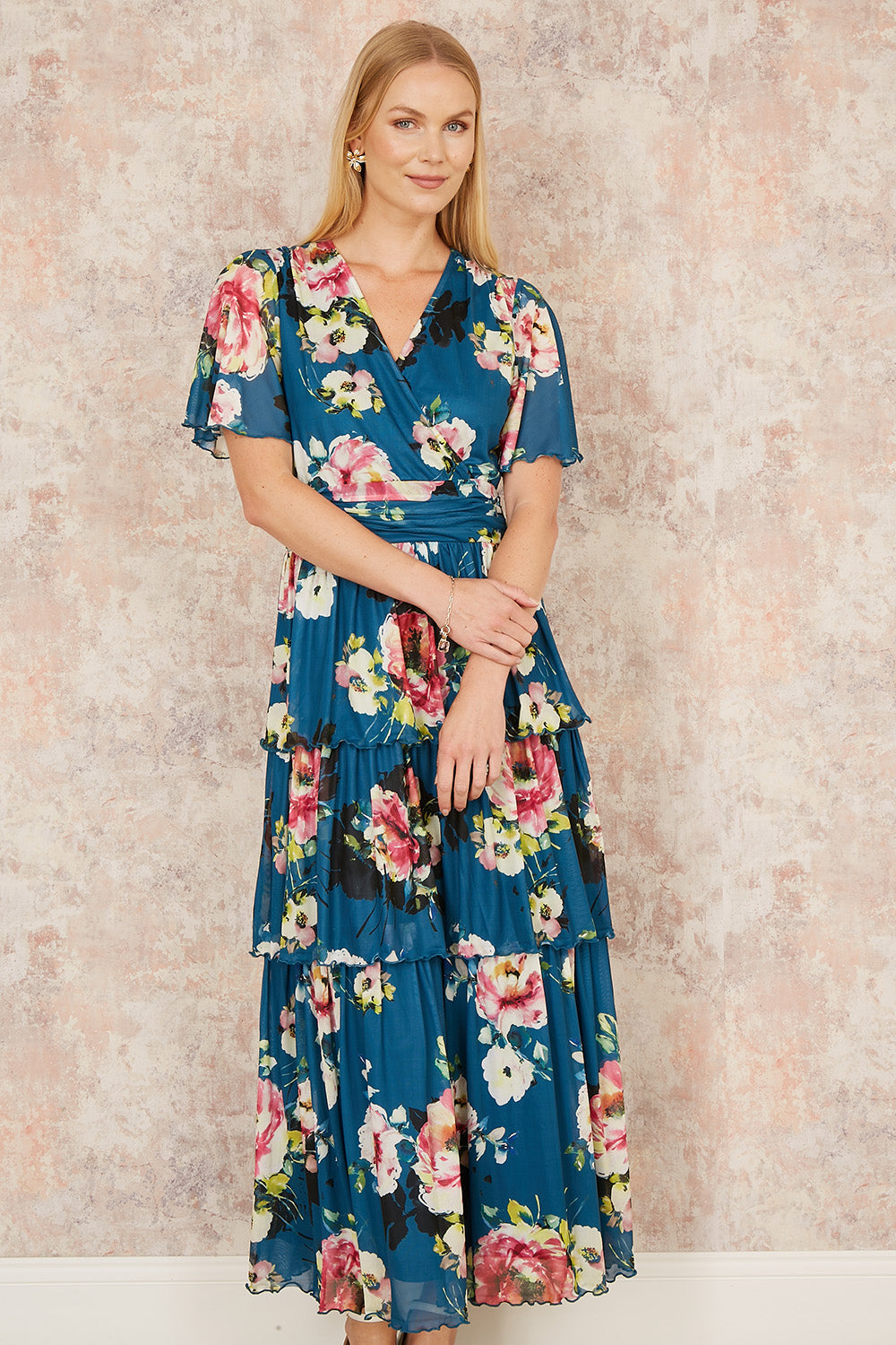 Yumi Green Floral Mesh Tiered Maxi Dress
