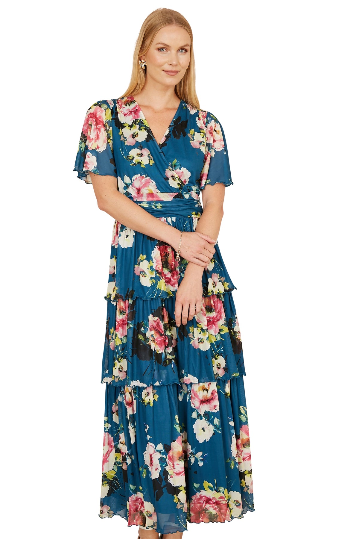 Yumi Green Floral Mesh Tiered Maxi Dress