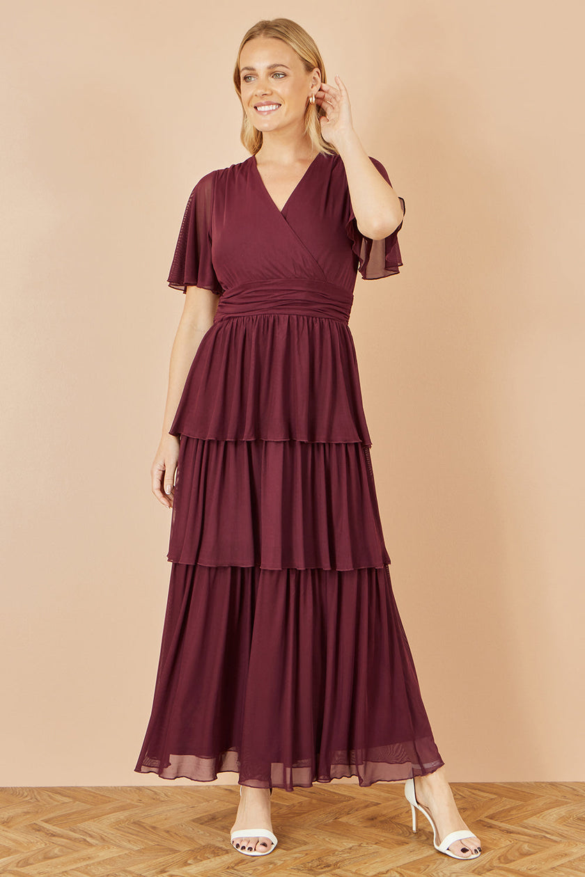 Yumi Burgundy Mesh Tiered Maxi Dress