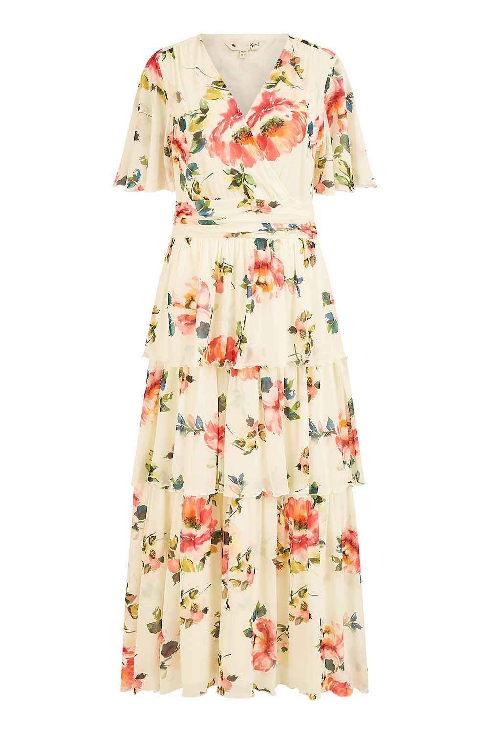 Yumi Ivory Floral Mesh Tiered Maxi Dress