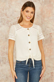 Yumi White Jersey Button Detail T-Shirt With Broderie Anglaise Sleeves And Tie Front