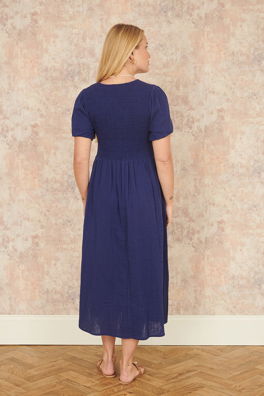 Yumi Navy Double Cotton Ruched Midi Dress