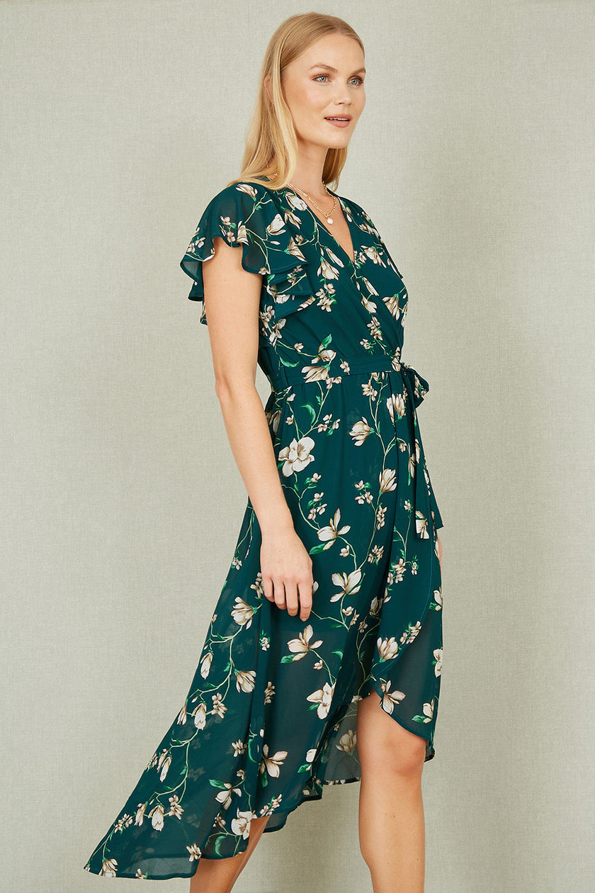 Yumi Green Floral Wrap Midi Dress With Frill Hem