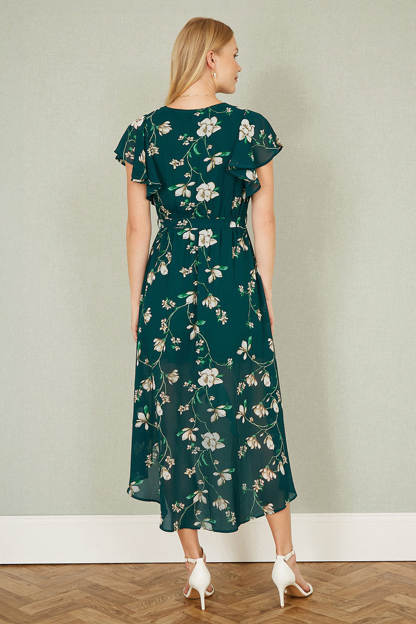 Yumi Green Floral Wrap Midi Dress With Frill Hem