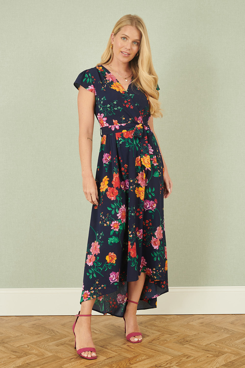 Yumi Navy Flower Print Wrap Midi Dress