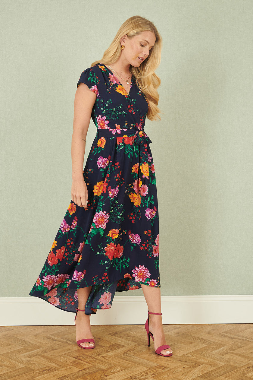 Yumi Navy Flower Print Wrap Midi Dress