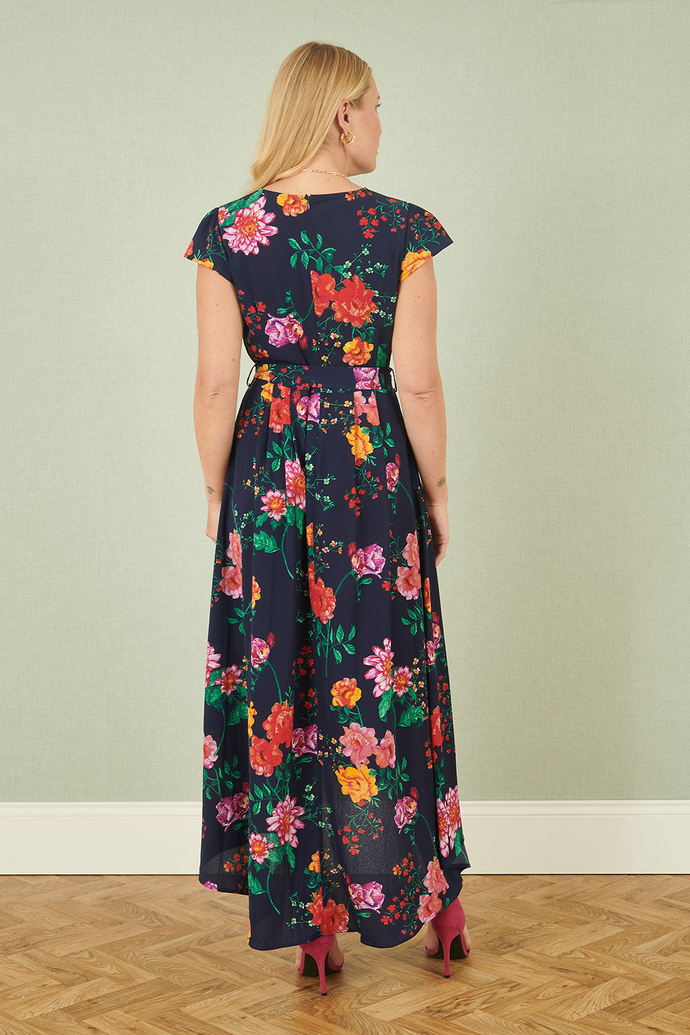 Yumi Navy Flower Print Wrap Midi Dress