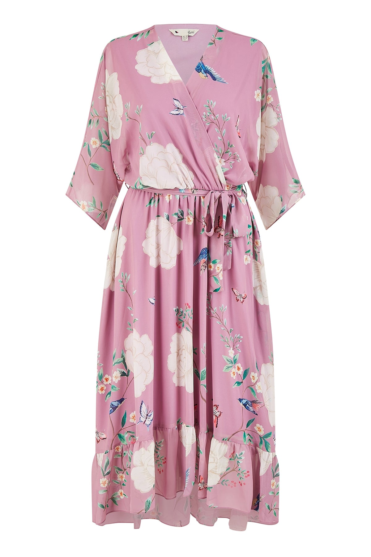 Yumi Pink Bird and Floral Print Midi Wrap Dress