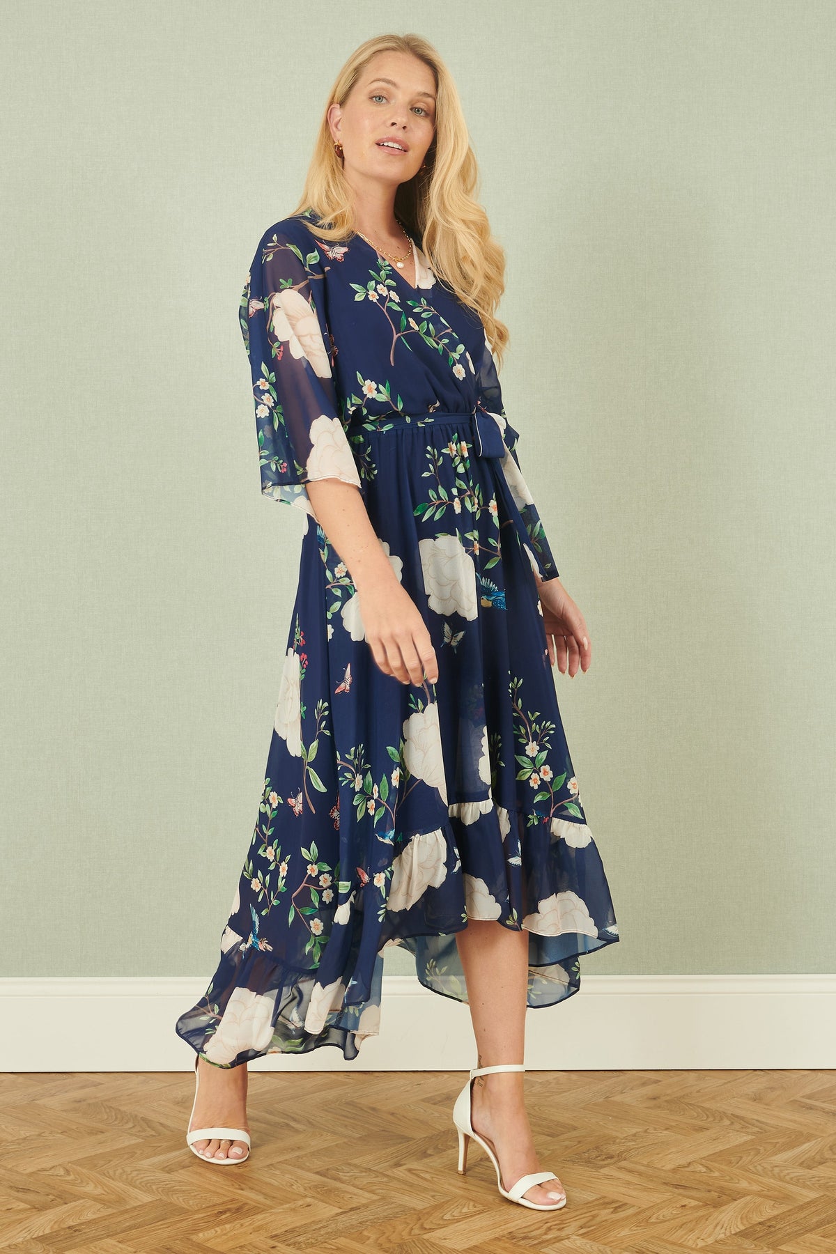 Yumi Navy Bird and Floral Print Midi Wrap Dress