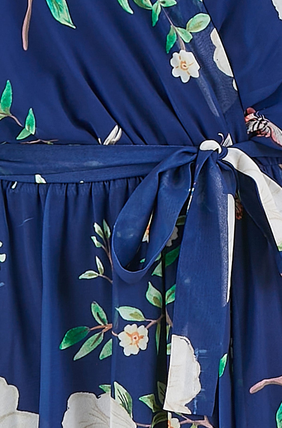Yumi Navy Bird and Floral Print Midi Wrap Dress