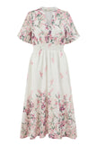 Yumi White Mirrored Floral Button Up Midi Dress With Ruched Waist